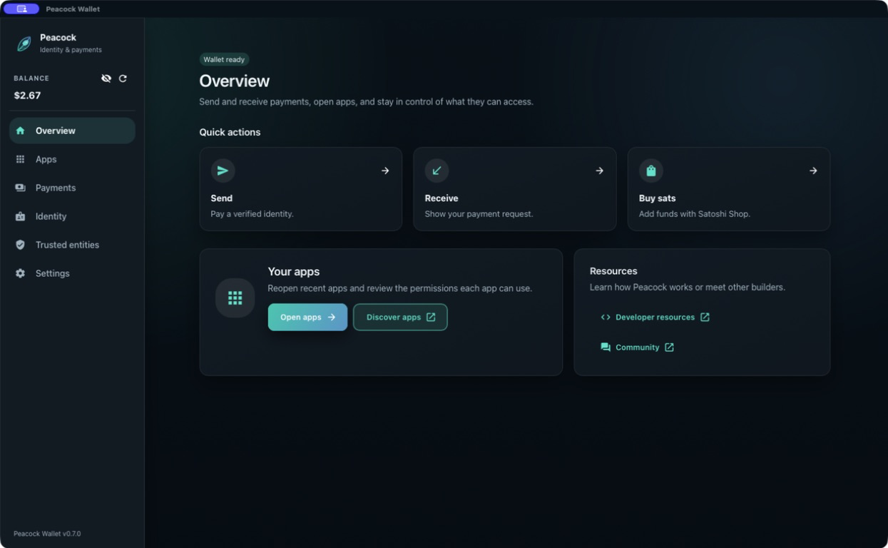 Peacock Wallet overview showing quick actions and connected apps